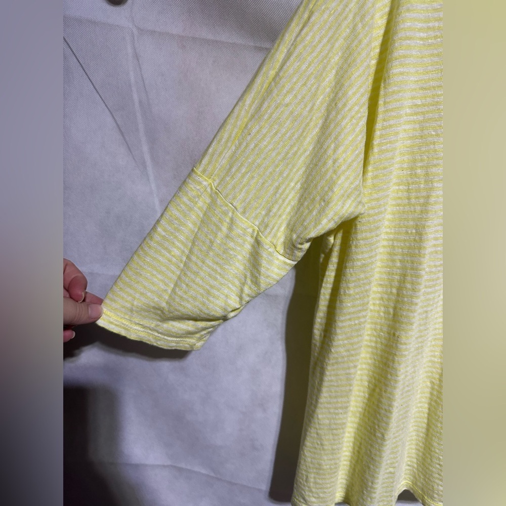 Chicos Womens 100% Linen Top Sz 2 / L Yellow Striped V Neck Dolman Sleeve Boxy - Picture 4 of 5